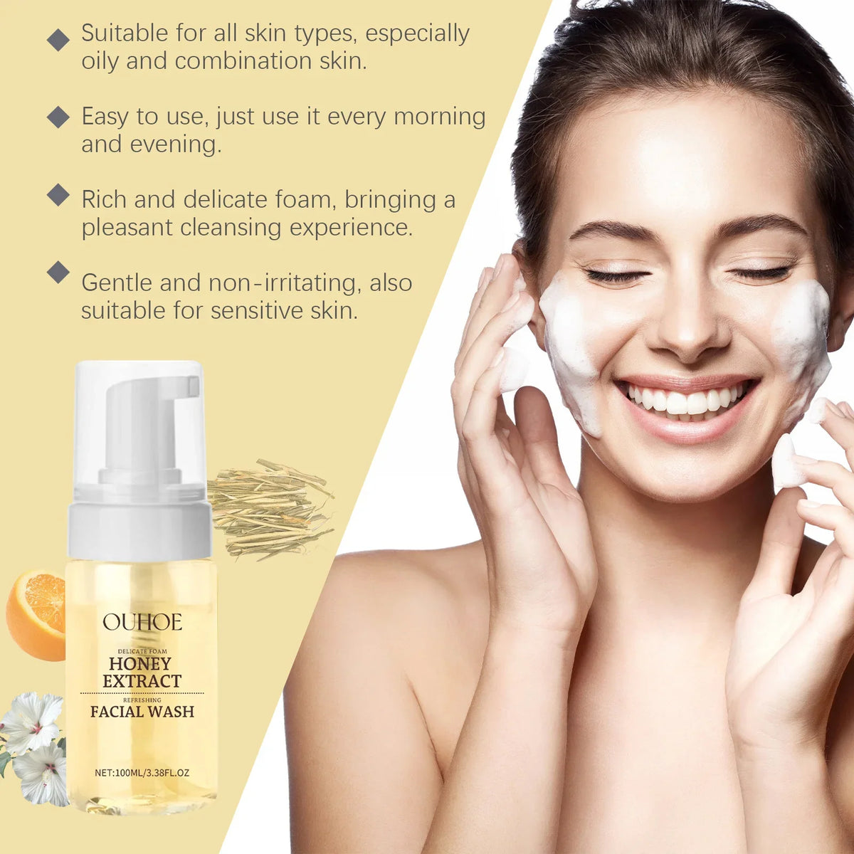 Honey Facial Foaming Cleanser Gentle Oil Control Reduce Acne Blackhead Purify Pore Soothing Relieve Redness Hydrating Face Wash