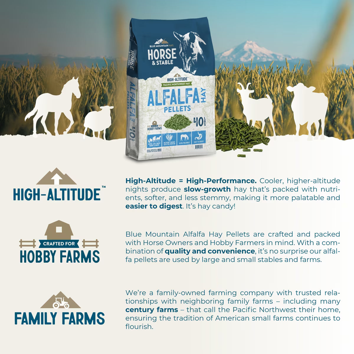 Blue Mountain Hay High-Altitude Alfalfa Hay Pellets Horse Feed, 40lb