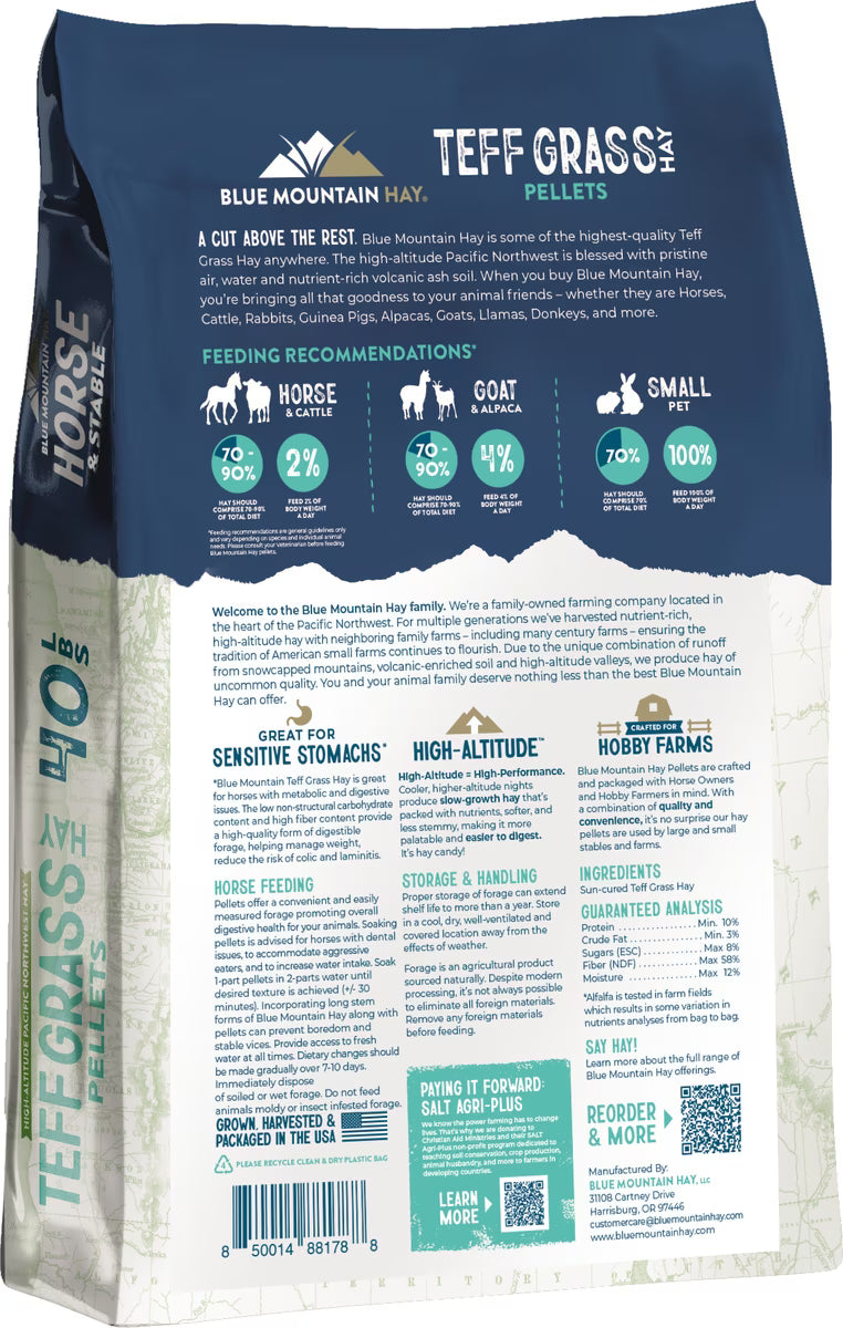 Blue Mountain Hay High-Altitude Teff Grass Hay Pellet Horse Feed, 40-lb