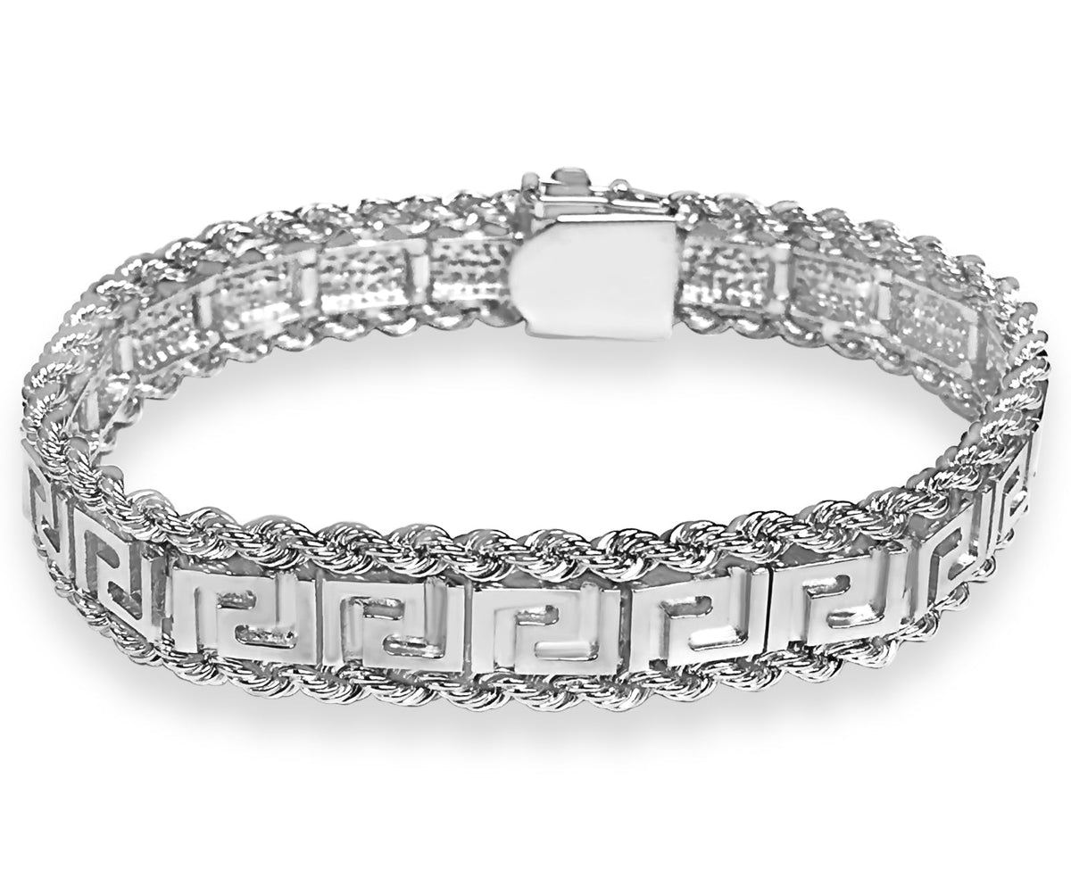 Rope &amp; Greek Key Solid White/Yellow/Rose Gold Handmade Bracelet , 12mm, 6.5-10 Inch