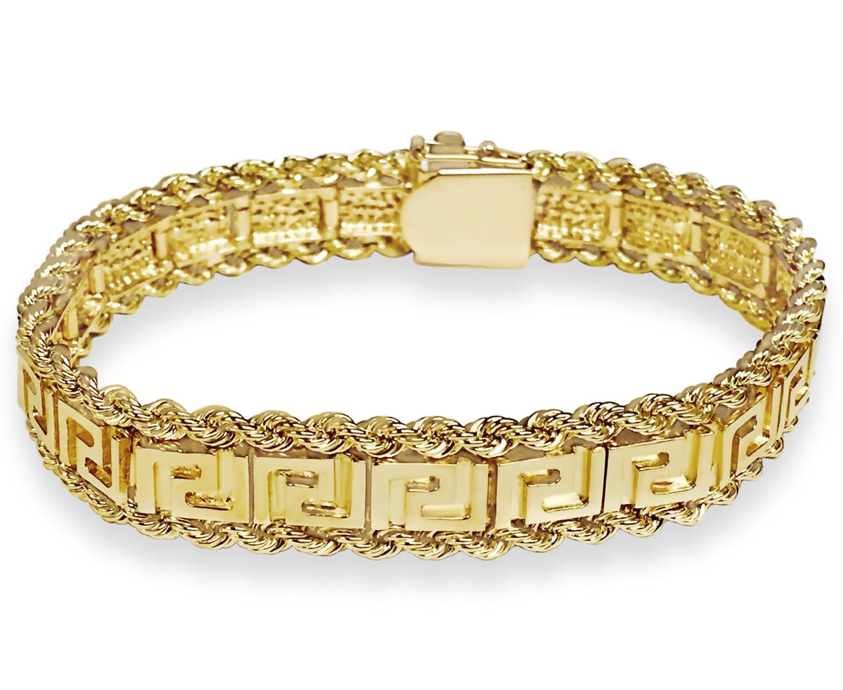 Rope &amp; Greek Key Solid White/Yellow/Rose Gold Handmade Bracelet , 12mm, 6.5-10 Inch