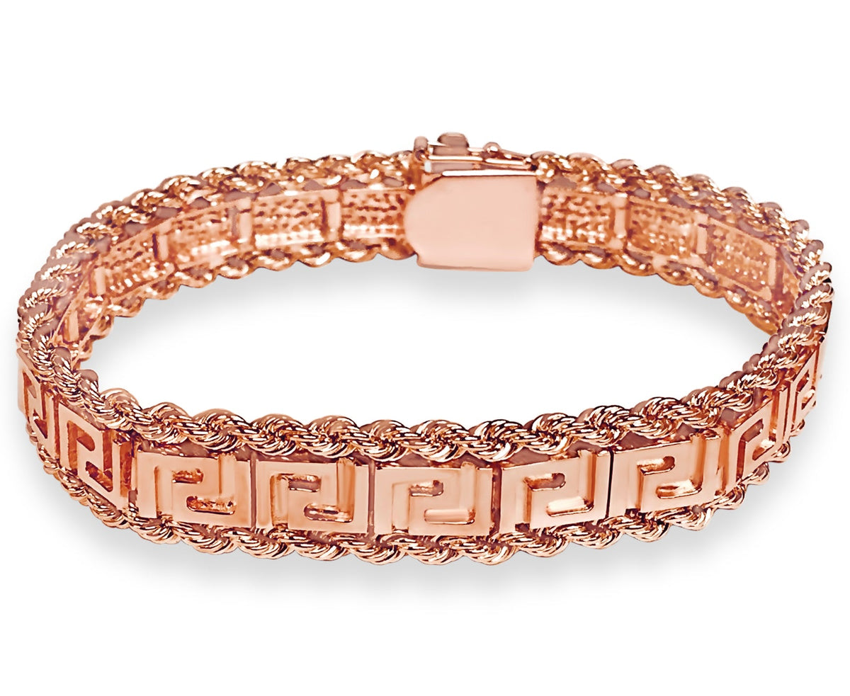 Rope &amp; Greek Key Solid White/Yellow/Rose Gold Handmade Bracelet , 12mm, 6.5-10 Inch