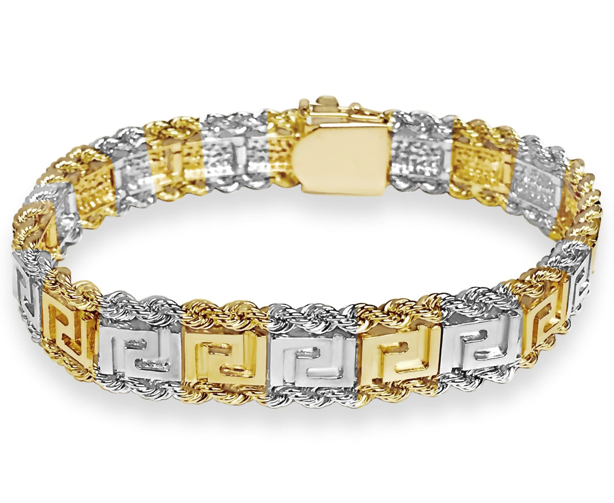 Rope &amp; Greek Key Solid White/Yellow/Rose Gold Handmade Bracelet , 12mm, 6.5-10 Inch