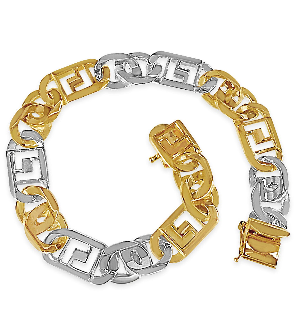Greek Key &amp; Tiger Eye Solid White/Yellow/Rose Gold Handmade Bracelet , 11mm, 6.5-10 Inch