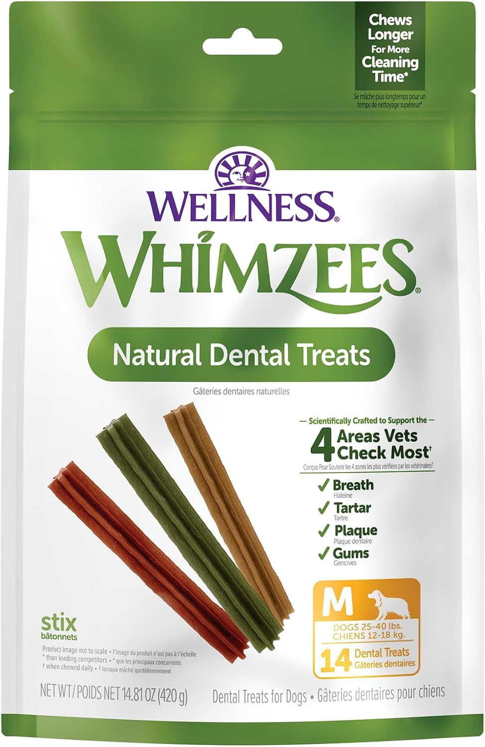 Wellness Stix Natural Dog Dental Treat, Chews, Freshens Breath, Medium Size Sticks, 14.81 Oz Bag, 14 Count