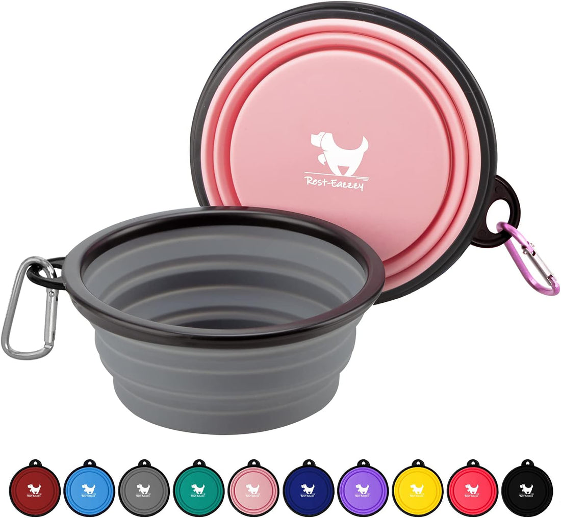Collapsible Dog Bowls for Travel, 2-Pack Dog Portable Water Bowl for Dogs Cats Pet Foldable Feeding Watering Dish for Traveling Camping with Carabiners, BPA Free (Grey&amp;Pink, Medium (Pack of 2))