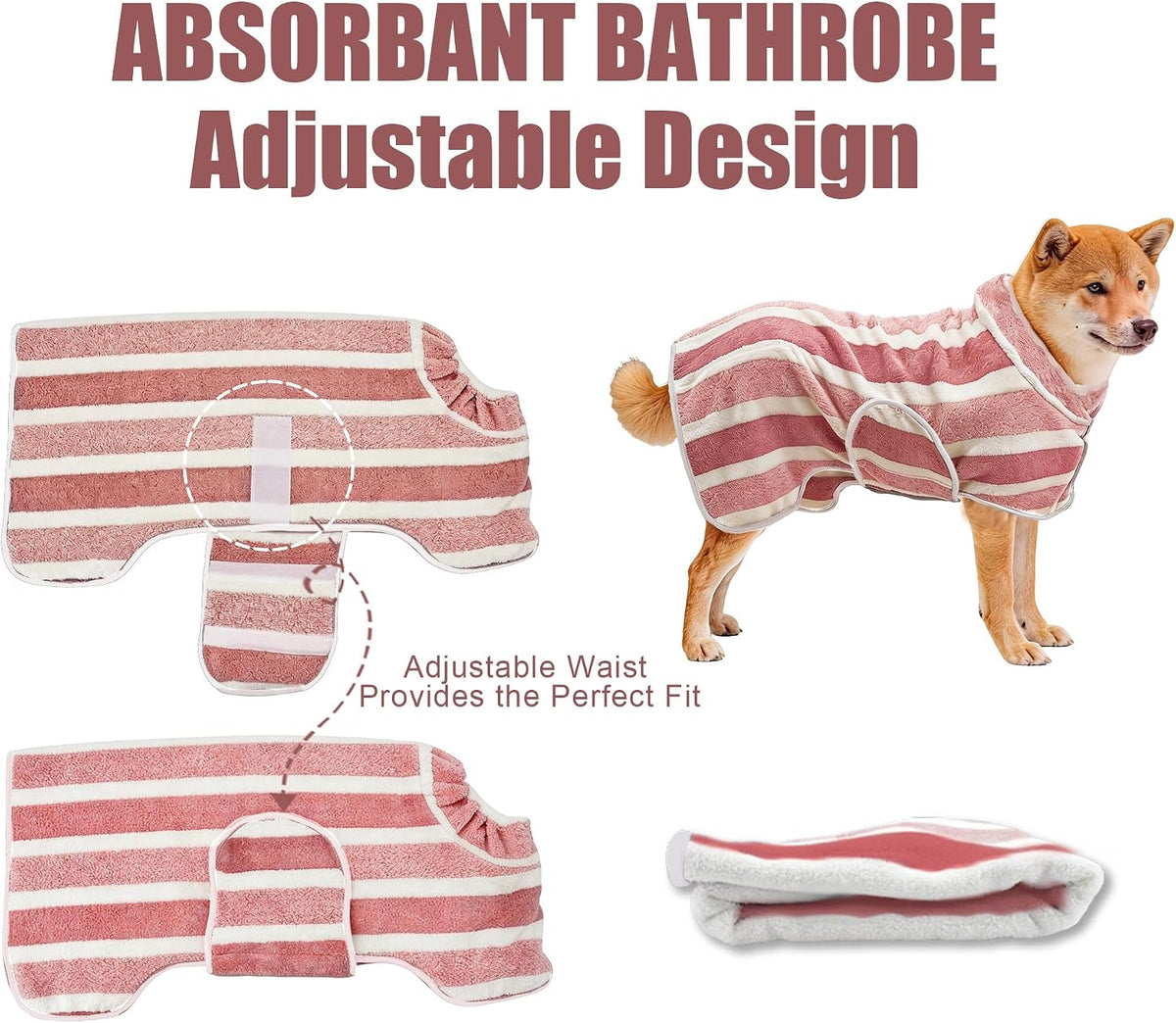 Fast Drying Dog Bathrobe, Super Absorbent Stripes Dogs Towel, Adjustable Warm Keeping Pet Puppy Bath Supplies (Red, M)