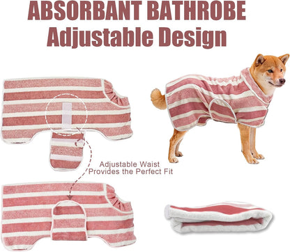 Fast Drying Dog Bathrobe, Super Absorbent Stripes Dogs Towel, Adjustable Warm Keeping Pet Puppy Bath Supplies (Red, M)