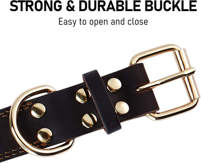 Leather Dog Collar, Genuine Heavy Duty Wide Dog Collar for Small,Medium,Large and Extra Large Dog (S: 0.8" Wide for 13.4"-15.8" Neck, Dual Stitch - Brown)
