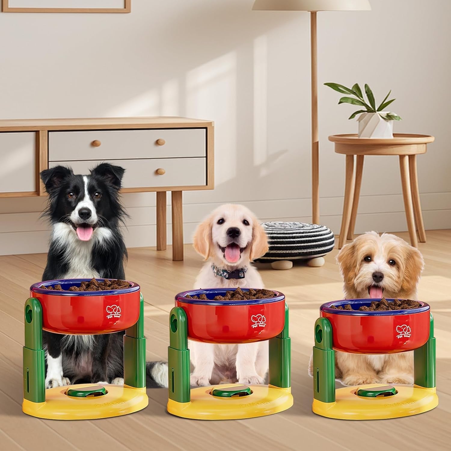Liftable Pet Bowl, Adjustable Height Non-Slip Dog Cat Dish, with Detachable Suction Cup, Feeder for Cervical Spine Protection, Anti-Tip Anti-Spill Food Water Bowls for Medium Large Pets (Red)