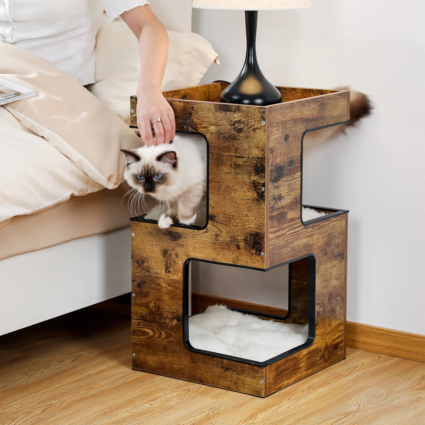 23" Wood Cat House Furniture for Indoor Cats, Modern Cat Tree Tower Bed with Free Cat Toy, Scratching Pad and Removable Soft Mats, Small Cat Condo, Beige