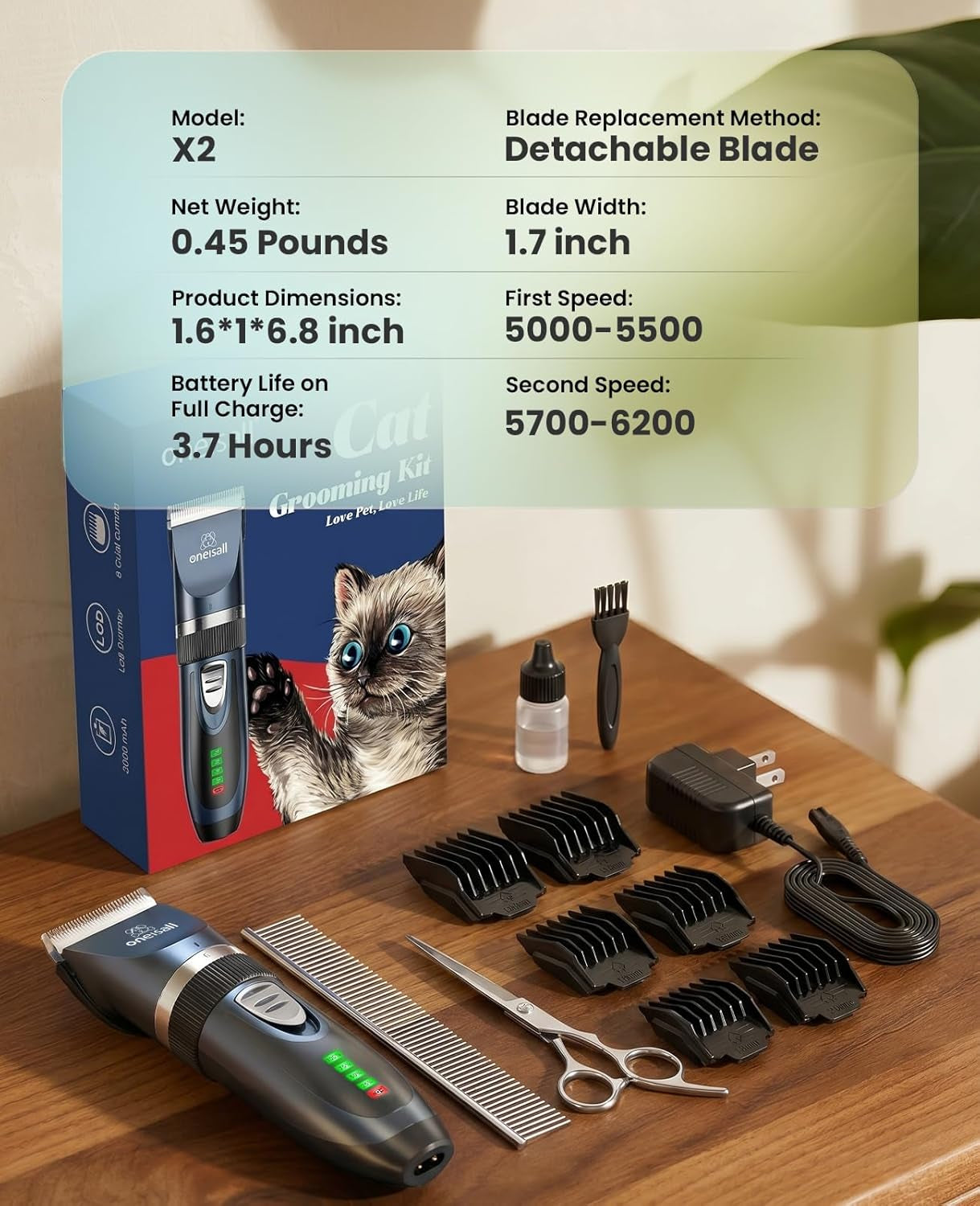 Quiet Cat Clippers for Matted Hair &amp; Long Hair, Cat Shaver | Cordless Cat Grooming Kit, LCD Display, 6 Guard Combs, 240-Min Runtime, 2-Speed Low Noise Trimmer for Cats &amp; Small Dogs