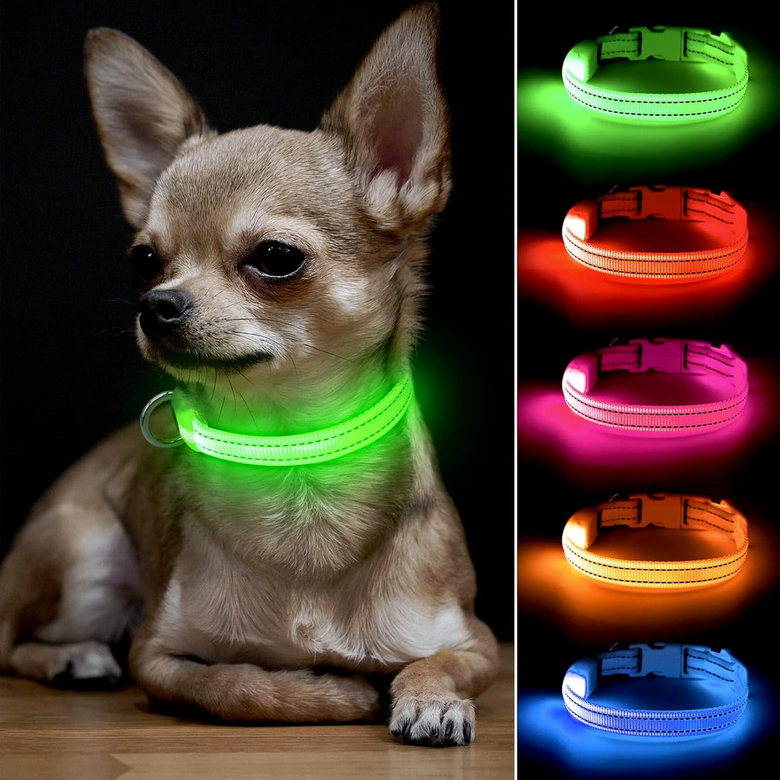 Adjustable LED Dog &amp; Cat Collar - Rechargeable, Small Breeds, Green, 8.5-11.8 Inches, Nylon, Lightweight, Reflective, 2 Flash Modes | Glow in the Dark Rechargeable Reflective Adjustable Flashing Illuminous Safety Dog Lights for Night Walking
