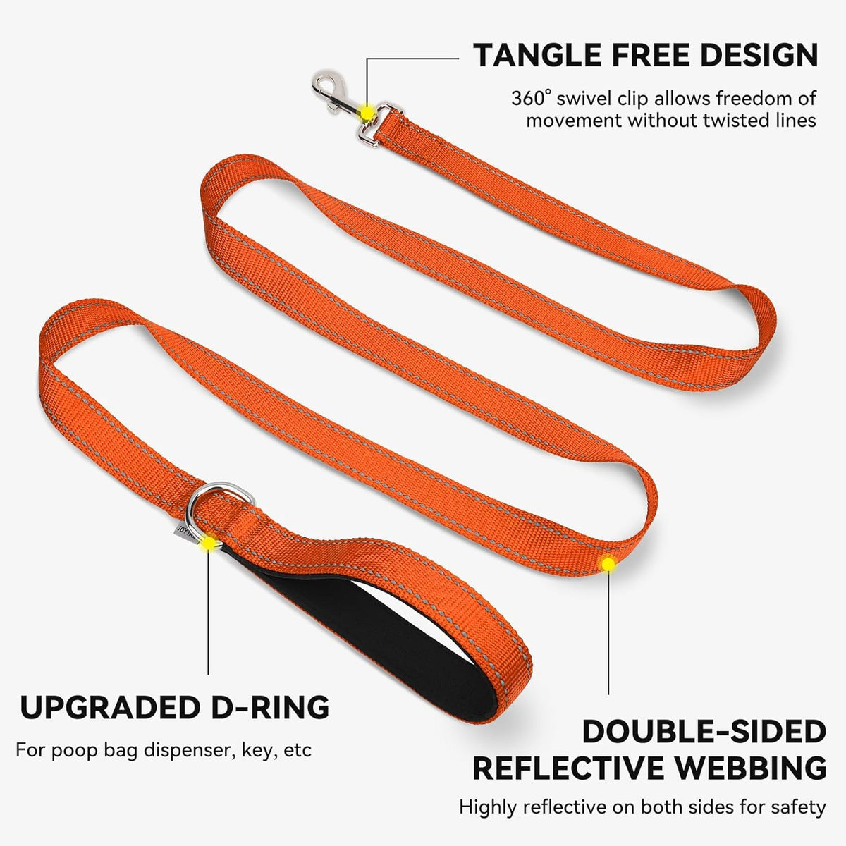 Dog Leash, 5 FT Double-Sided Reflective, Padded Handle Nylon Heavy Duty Leashes for Medium &amp; Large Dogs Walking, Orange