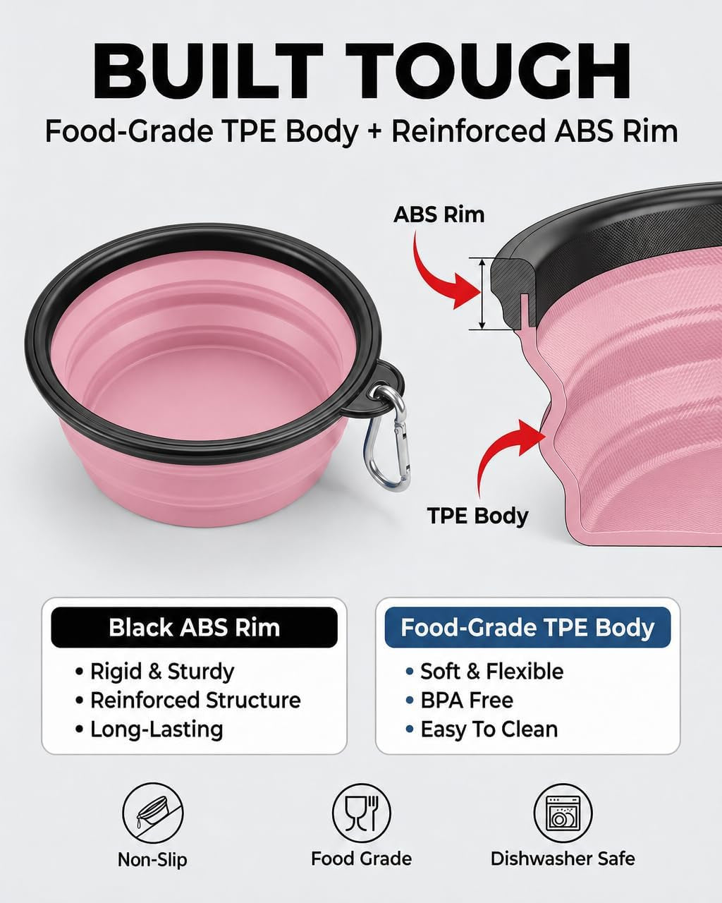 Collapsible Dog Bowls for Travel, 2-Pack Dog Portable Water Bowl for Dogs Cats Pet Foldable Feeding Watering Dish for Traveling Camping with Carabiners, BPA Free (Grey&amp;Pink, Medium (Pack of 2))