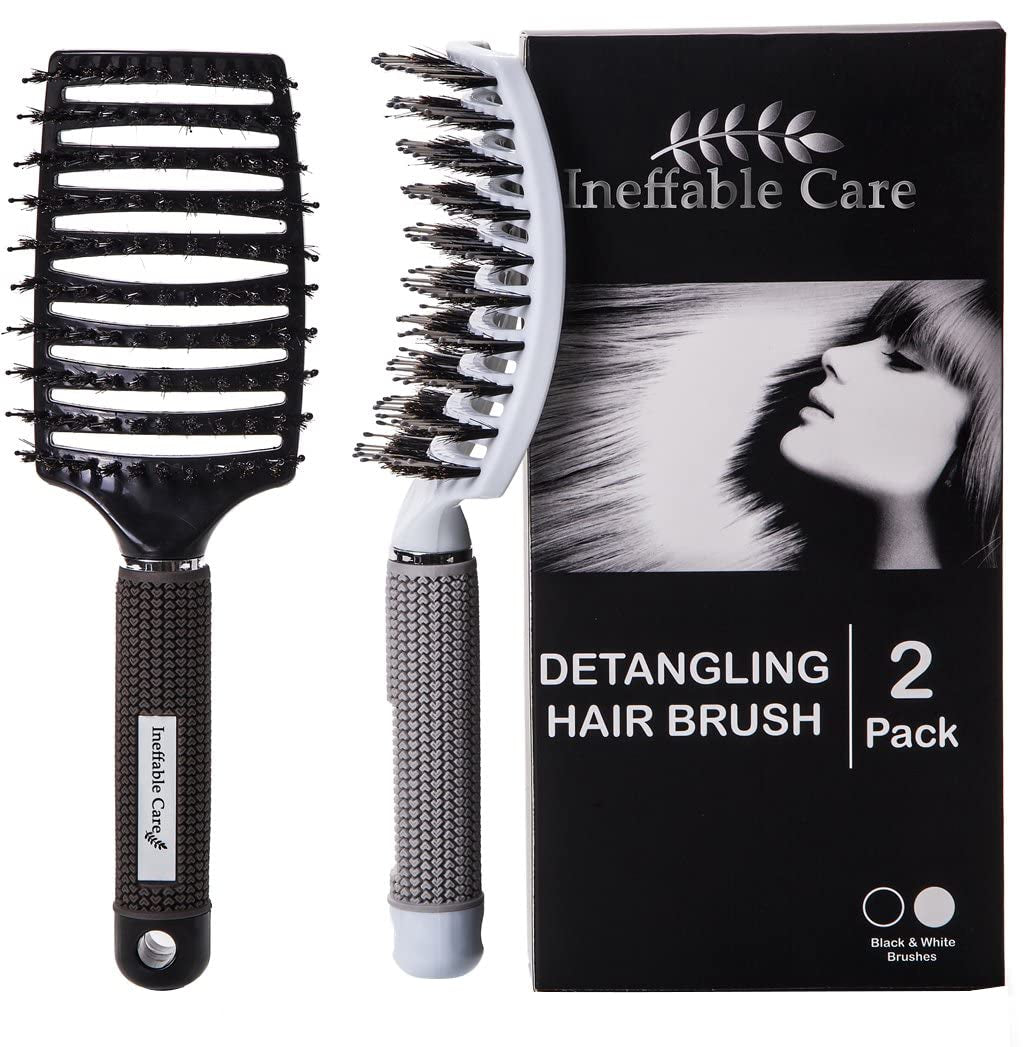Boar Bristle Hair Brush Set – Curved and Vented for Wet and Dry Detangling Hair Brush for Women Long, Thick, Thin, Curly &amp; Tangled Hair Vent Brush - Stocking Stuffers Gift Kit