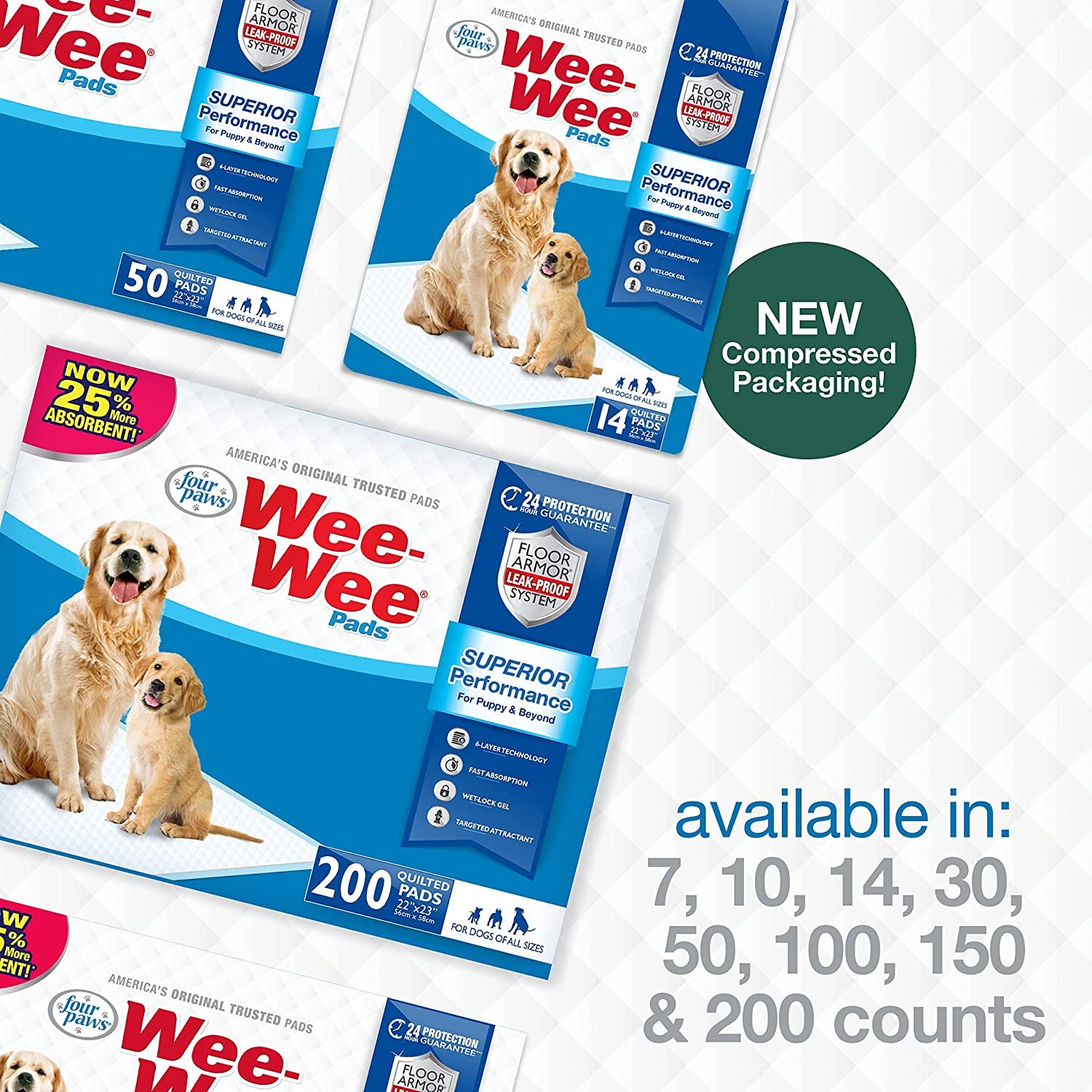 Wee-Wee Superior Performance Dog Pee Pads, 200 Count | Quilted Leak-Proof Puppy Pads, Dog Housebreaking &amp; Potty Training, 24-Hour Floor Protection, Pet Supplies, 22" X 23"