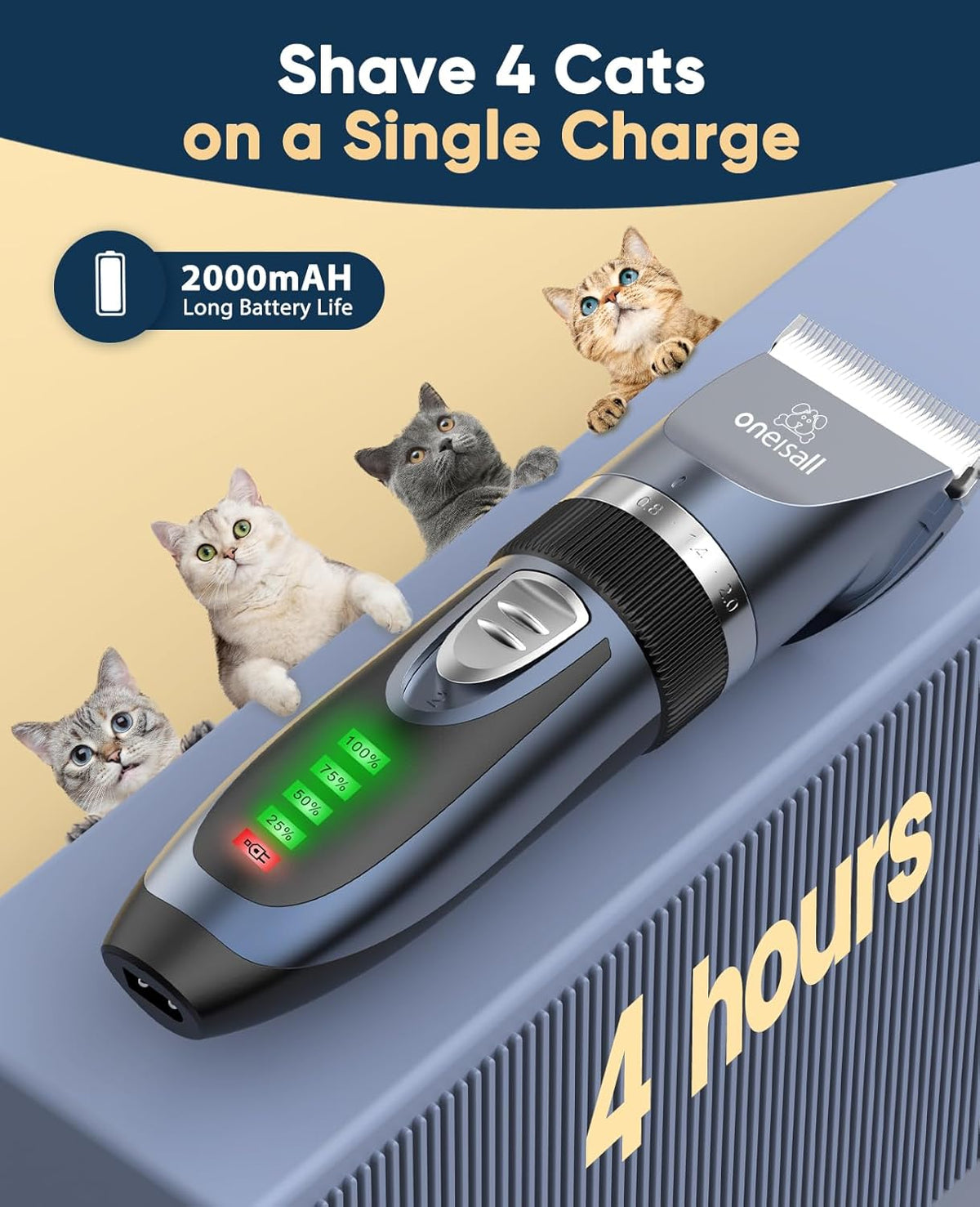 Quiet Cat Clippers for Matted Hair &amp; Long Hair, Cat Shaver | Cordless Cat Grooming Kit, LCD Display, 6 Guard Combs, 240-Min Runtime, 2-Speed Low Noise Trimmer for Cats &amp; Small Dogs