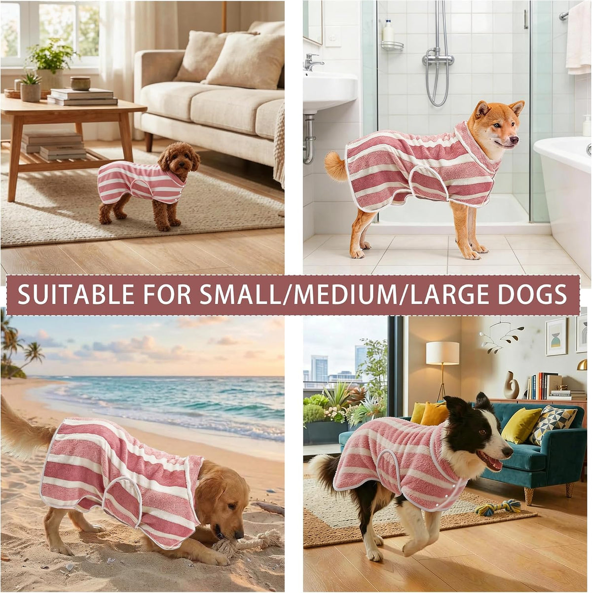 Fast Drying Dog Bathrobe, Super Absorbent Stripes Dogs Towel, Adjustable Warm Keeping Pet Puppy Bath Supplies (Red, M)