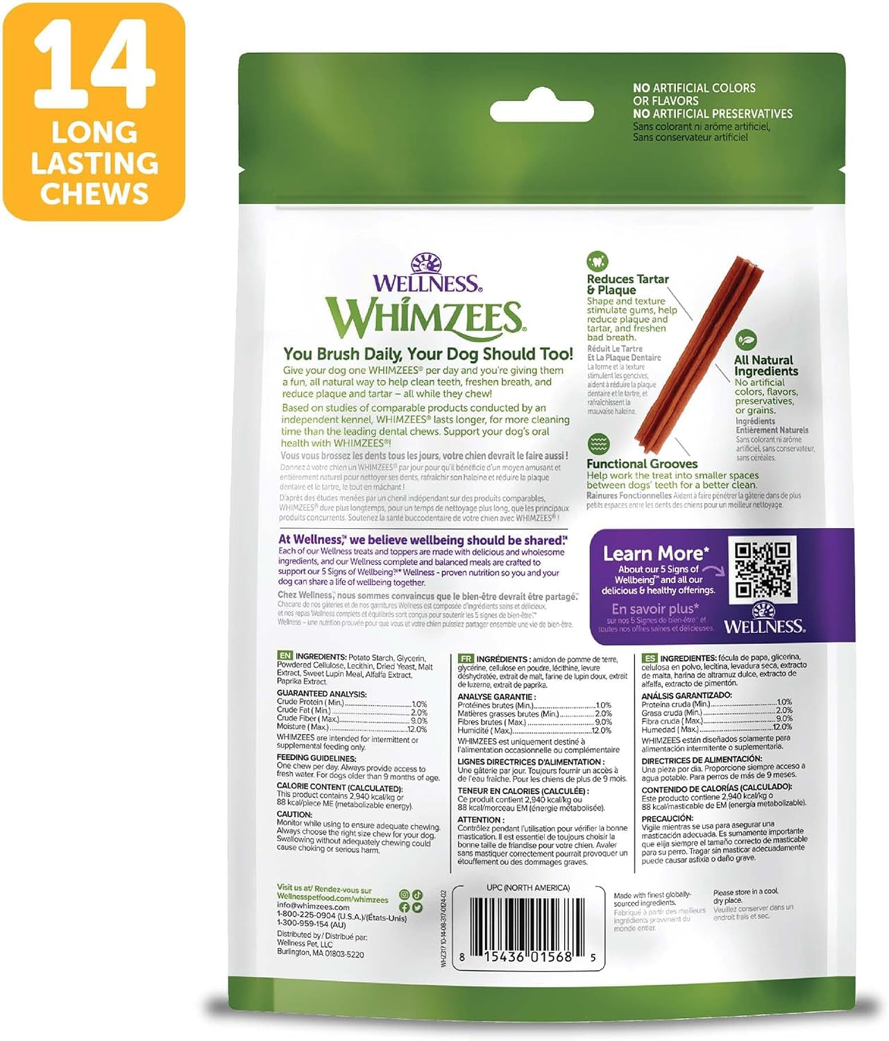 Wellness Stix Natural Dog Dental Treat, Chews, Freshens Breath, Medium Size Sticks, 14.81 Oz Bag, 14 Count