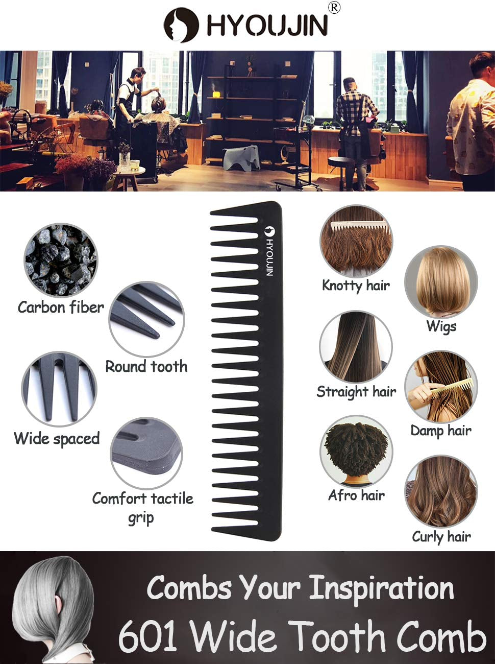601 Carbon Wide Tooth Comb Detangler Comb for Detangling Wet Hair | Detangling Wide Tooth Comb for Shower,Wet,Dry,Long Hair,No Handle,Anti-Static,Heat Resistant to 230℃,Travel for Women and Men