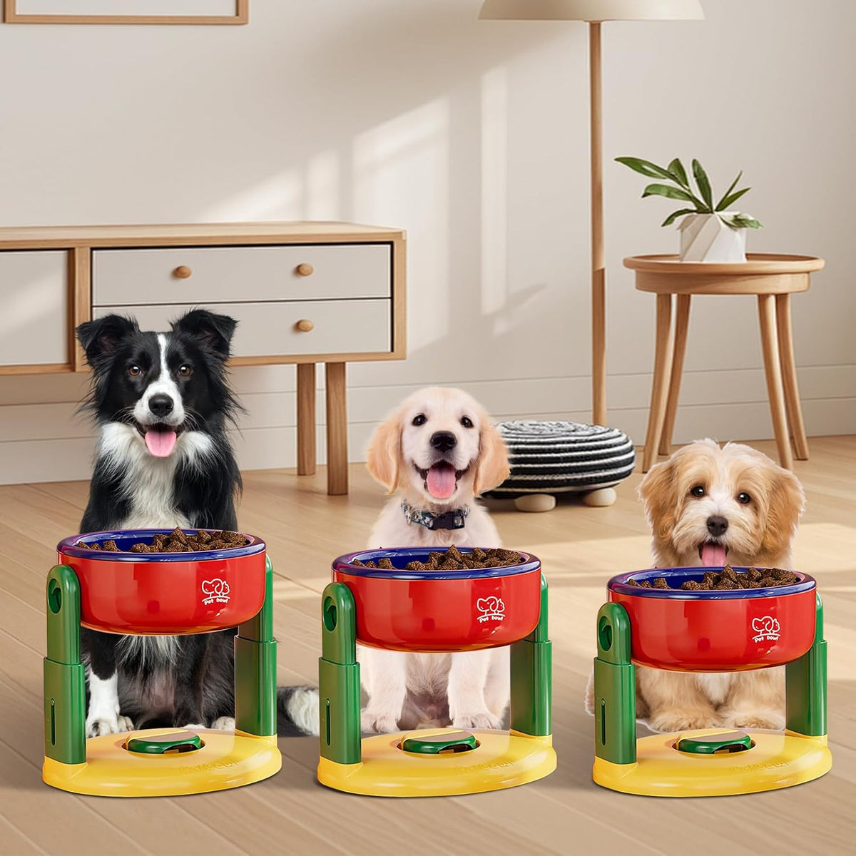 Liftable Pet Bowl, Adjustable Height Non-Slip Dog Cat Dish, with Detachable Suction Cup, Feeder for Cervical Spine Protection, Anti-Tip Anti-Spill Food Water Bowls for Medium Large Pets (Red)