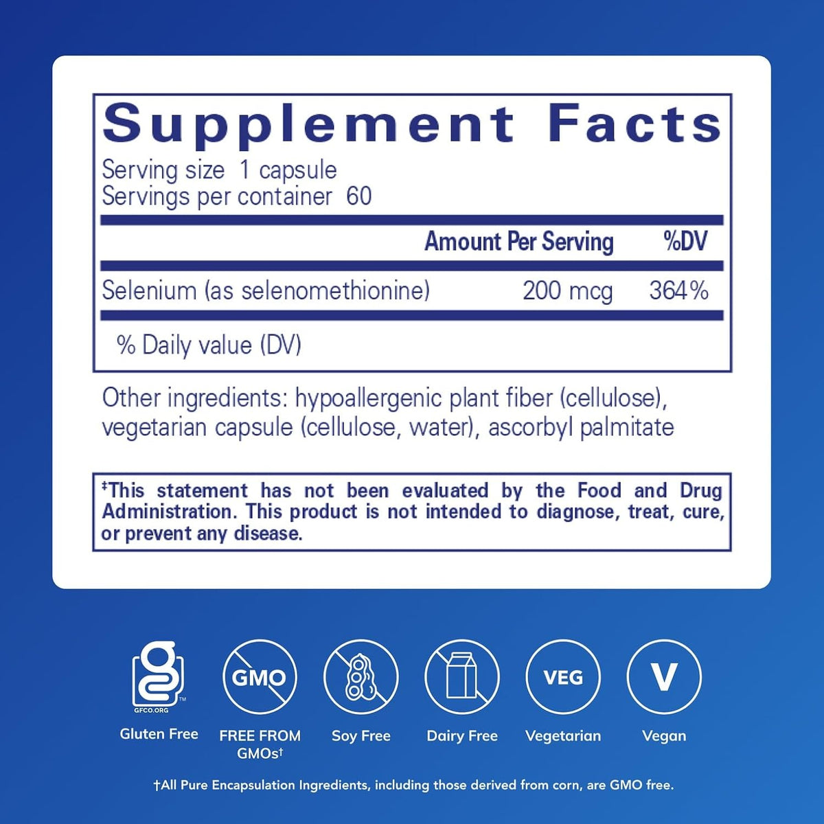 Selenium - 200 Mcg - for Healthy Cellular Function, Immune System &amp; Antioxidant Defenses* - Mineral Supplement - Vegan &amp; Gluten Free - 60 Capsules