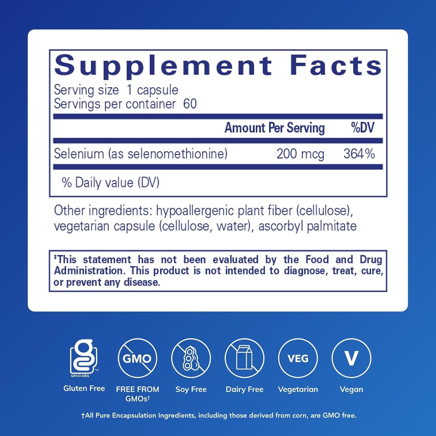 Selenium - 200 Mcg - for Healthy Cellular Function, Immune System &amp; Antioxidant Defenses* - Mineral Supplement - Vegan &amp; Gluten Free - 60 Capsules