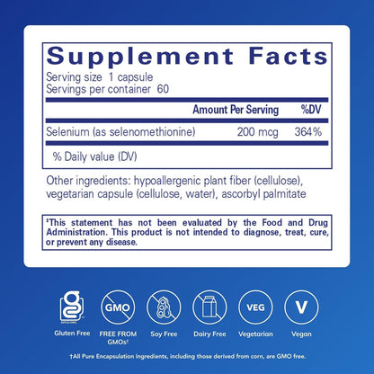 Selenium - 200 Mcg - for Healthy Cellular Function, Immune System & Antioxidant Defenses* - Mineral Supplement - Vegan & Gluten Free - 60 Capsules