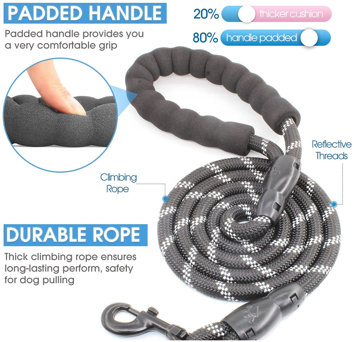 2/4/5/6 FT Dog Leash with Comfortable Padded Handle and Highly Reflective Threads for Small Medium and Large Dogs (5FT-1/2&