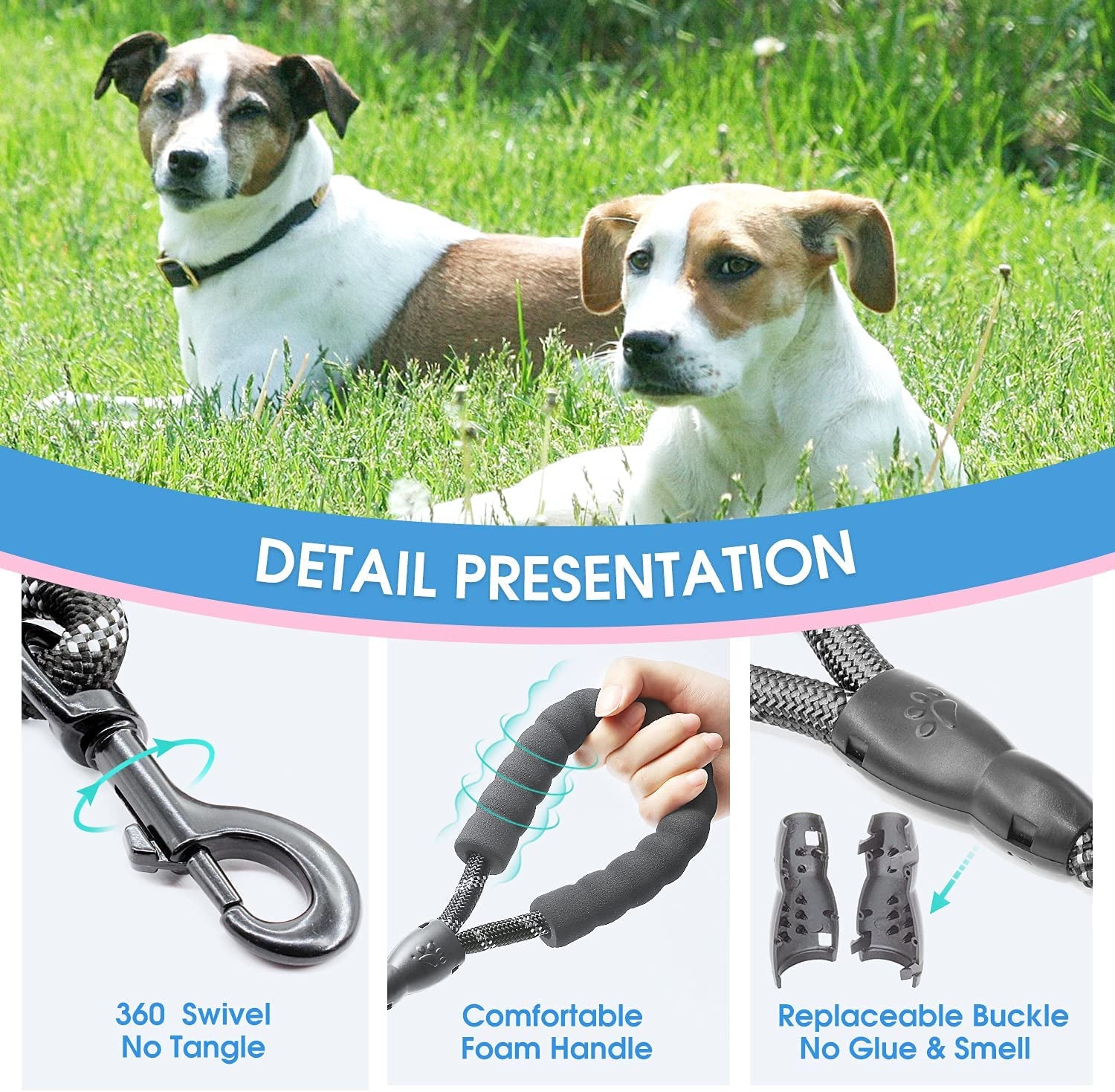 2/4/5/6 FT Dog Leash with Comfortable Padded Handle and Highly Reflective Threads for Small Medium and Large Dogs (5FT-1/2&