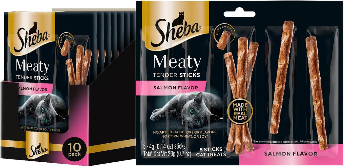 Meaty Tender Sticks Soft Cat Treats, Salmon Flavor, 5 Count, 10 Pack | 50 Sticks Total, Individually Wrapped, Real Meat, Omega-6 Fats, Essential Amino Acids, No Artificial Dyes