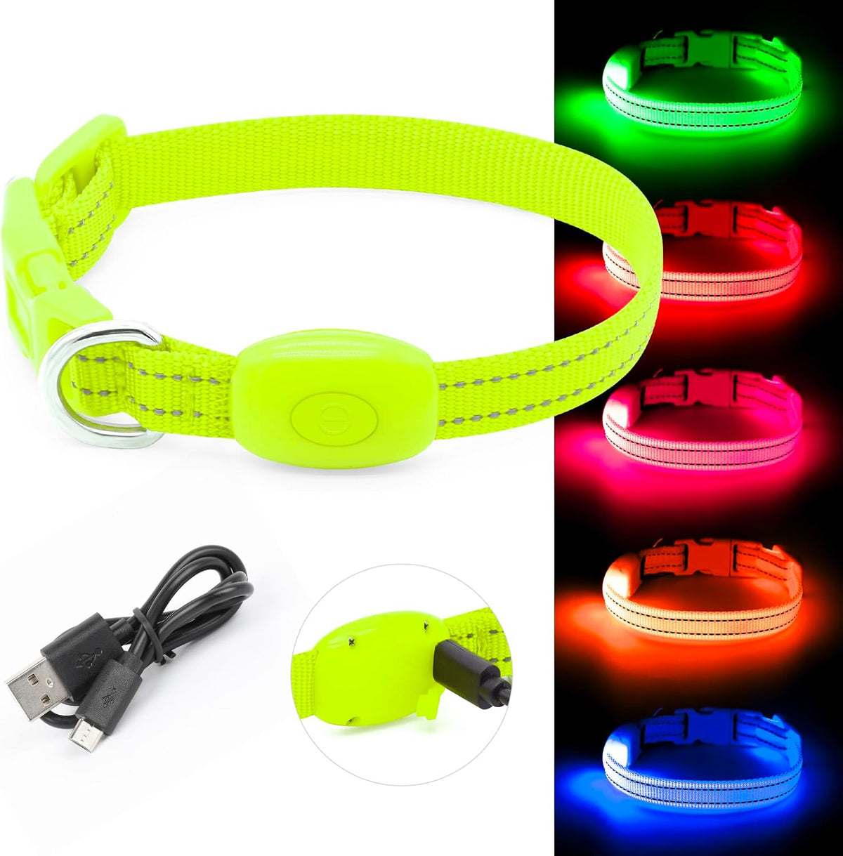 Adjustable LED Dog &amp; Cat Collar - Rechargeable, Small Breeds, Green, 8.5-11.8 Inches, Nylon, Lightweight, Reflective, 2 Flash Modes | Glow in the Dark Rechargeable Reflective Adjustable Flashing Illuminous Safety Dog Lights for Night Walking