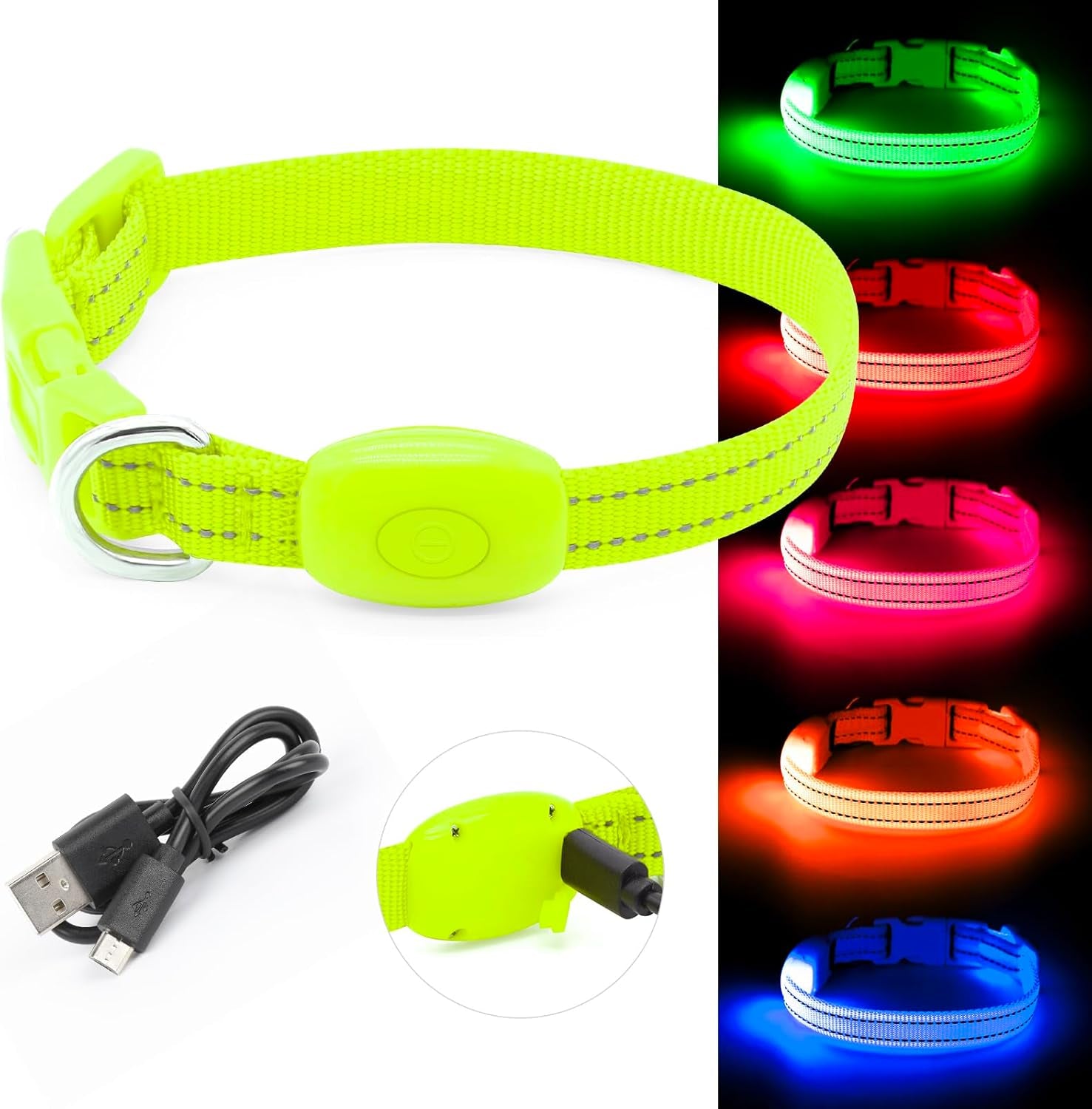 Adjustable LED Dog &amp; Cat Collar - Rechargeable, Small Breeds, Green, 8.5-11.8 Inches, Nylon, Lightweight, Reflective, 2 Flash Modes | Glow in the Dark Rechargeable Reflective Adjustable Flashing Illuminous Safety Dog Lights for Night Walking