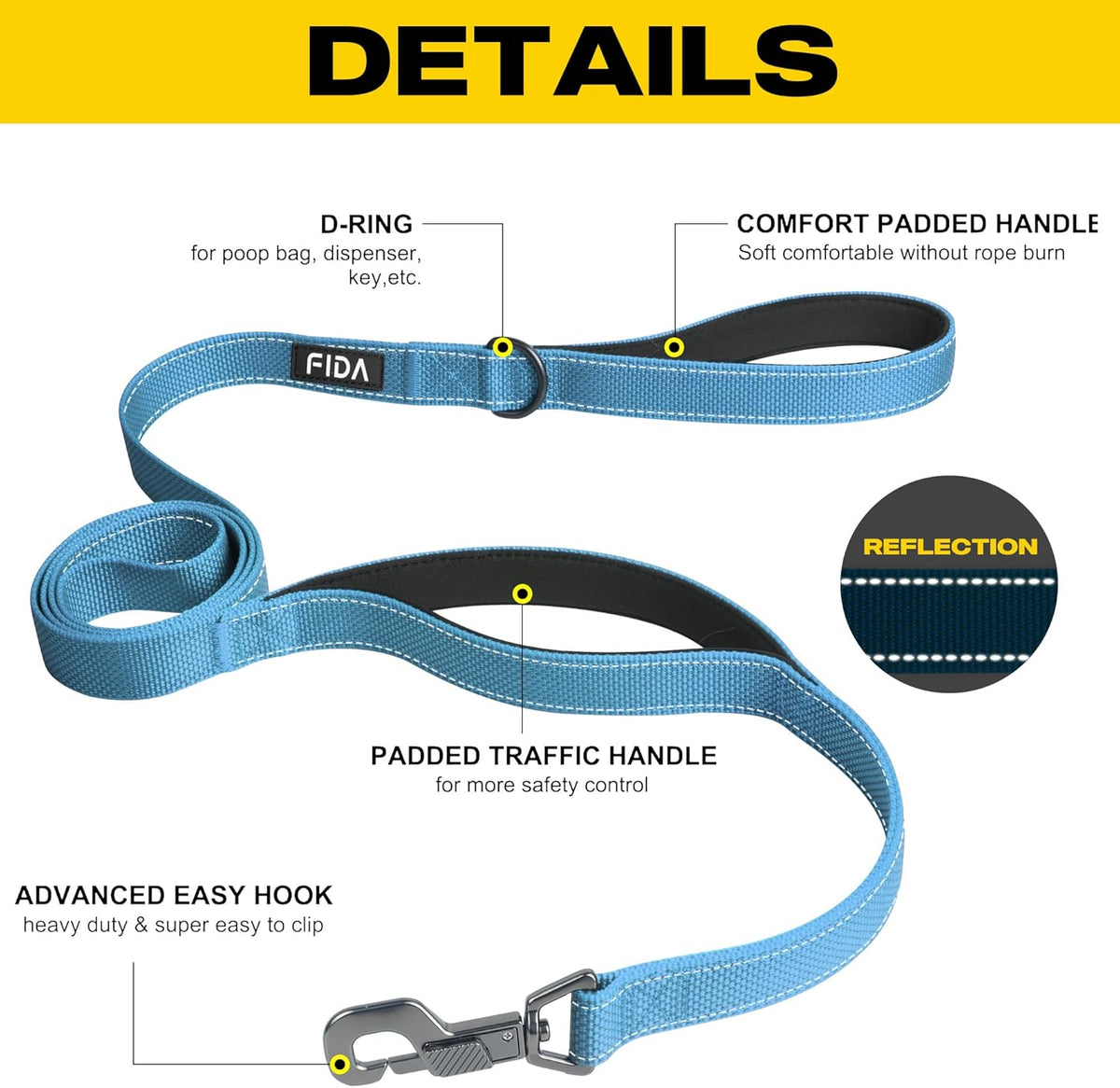 5 FT Heavy Duty Dog Leash with 2 Comfortable Padded Handles, Traffic Handle &amp; Advanced Easy Snap Hook, Reflective Walking Lead for Large, Medium &amp; Small Breed Dogs, Blue