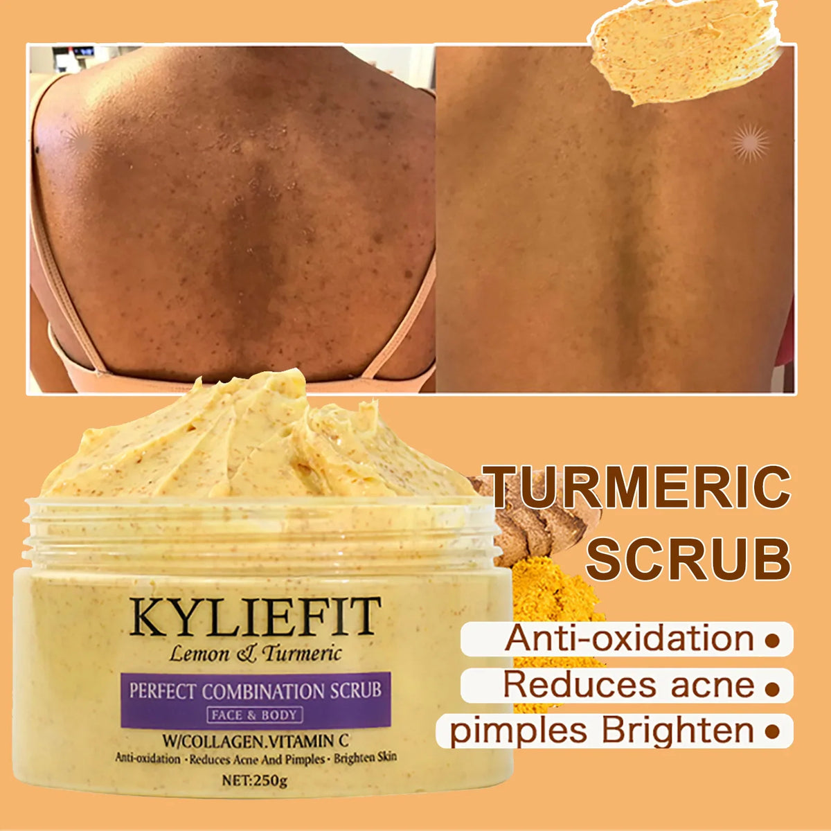 Natural Turmeric Scrub, For Face &amp; Body, Brightening, Reduce Acne, Clean And Smooth Skin, Deeply Exfoliates, 250g/8.8 oz