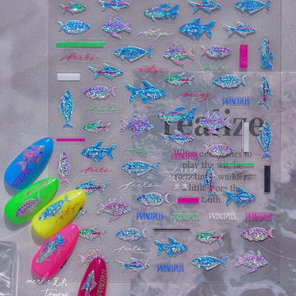 5D Deep Sea Fish Nail Art Stickers Shimmery Bubble Colorful Marine Life Nail Decals Summer Ocean Self Adhesive Manicure Decal