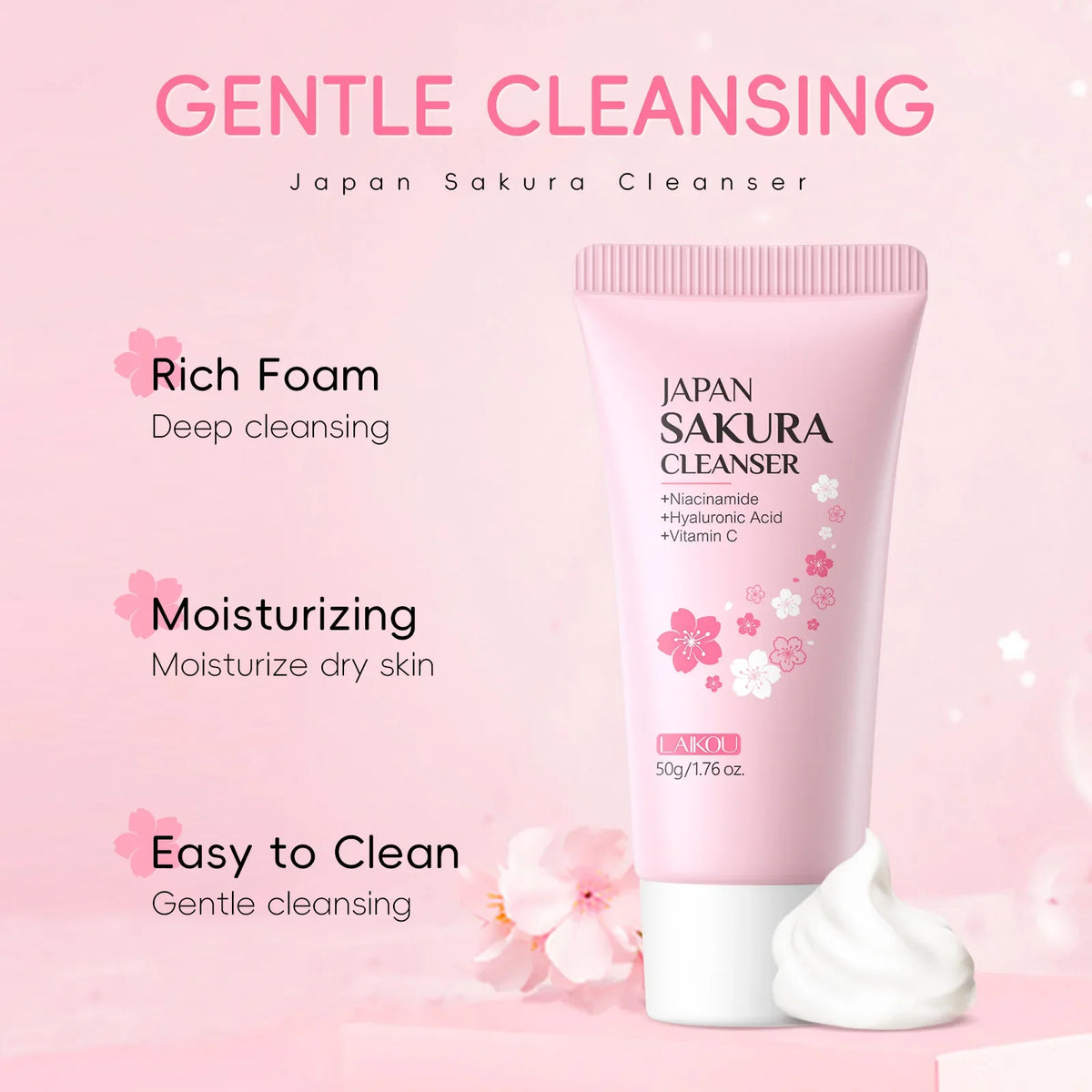 Laikou Sakura Facial Cleanser Deep Cleansing Pores Oil Control Moisturizing Brightening Face Wash Gentle For All Skin Types 50g