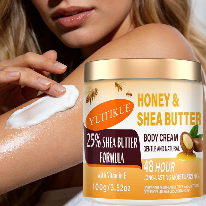 YUITIKUE 25% Shea Butter Body Cream 100g - 48H Moisturizer for Face, Body, Hands &amp; Feet, Honey &amp; Vitamin E, All-in-One Care