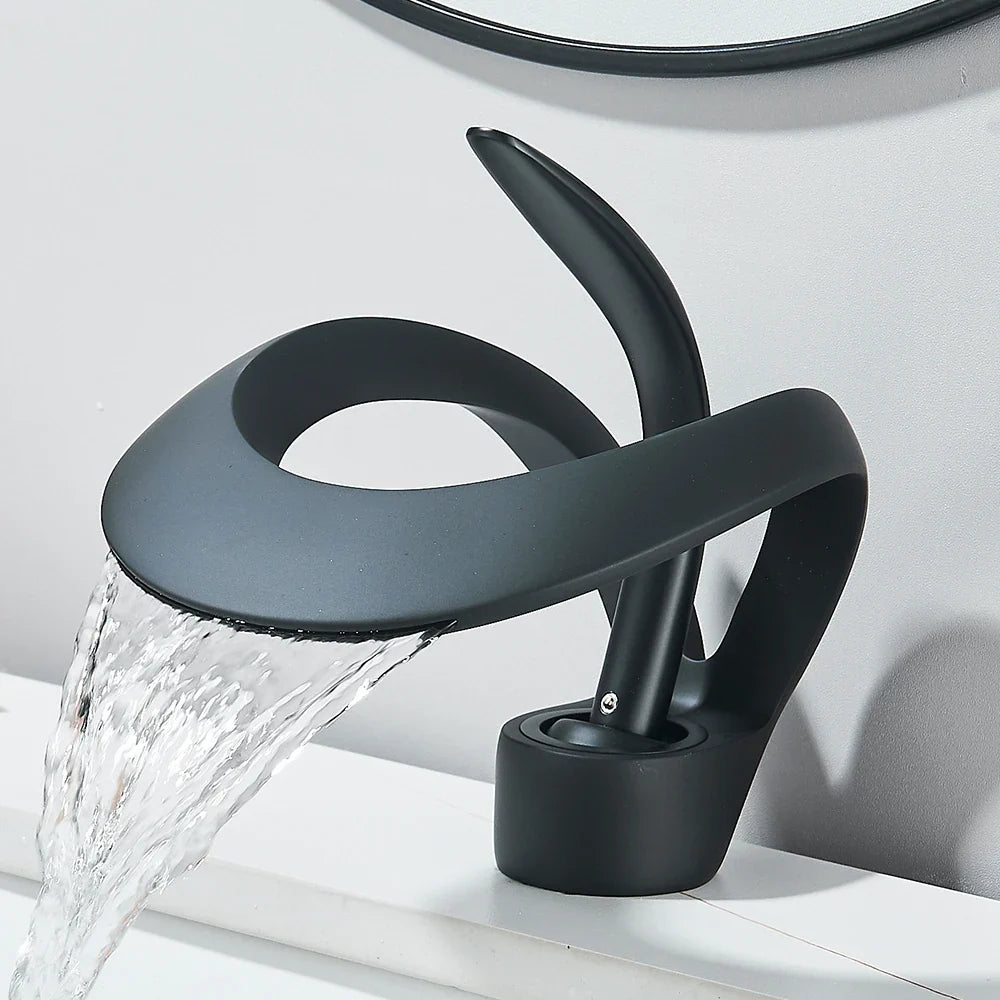 Solid Brass Waterfall Basin Faucet Single Handle Hot Cold Water Mixer Tap For Bathroom Sink