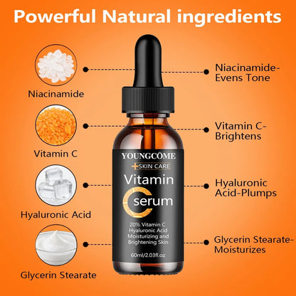 YOUNGCOME Vitamin C Hyaluronic Acid Serum - Daily Hydrating &amp; Radiance-Boosting Facial Essence for All Skin Types 40/60ML