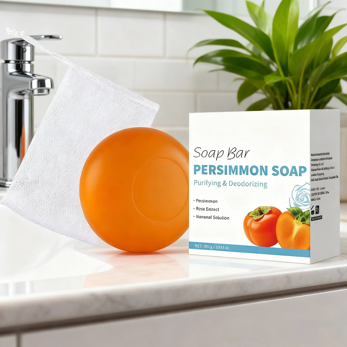 Persimmon Soap Bar Japanese Persimmon &amp; Green Tea Extract For Men and Women Gentle on All Skin Types Deodorizing Soap Rose Scent