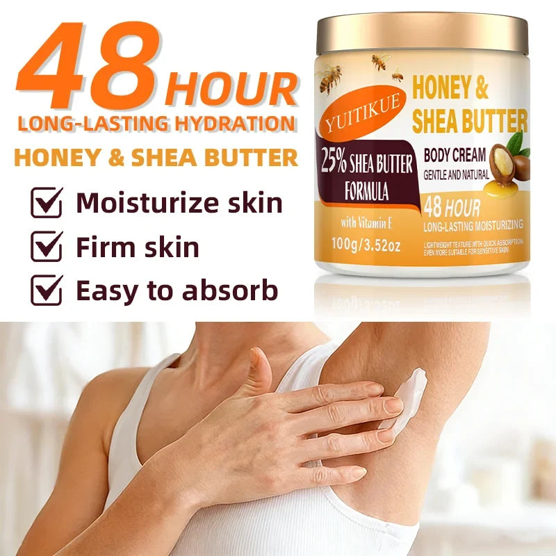 YUITIKUE 25% Shea Butter Body Cream 100g - 48H Moisturizer for Face, Body, Hands &amp; Feet, Honey &amp; Vitamin E, All-in-One Care
