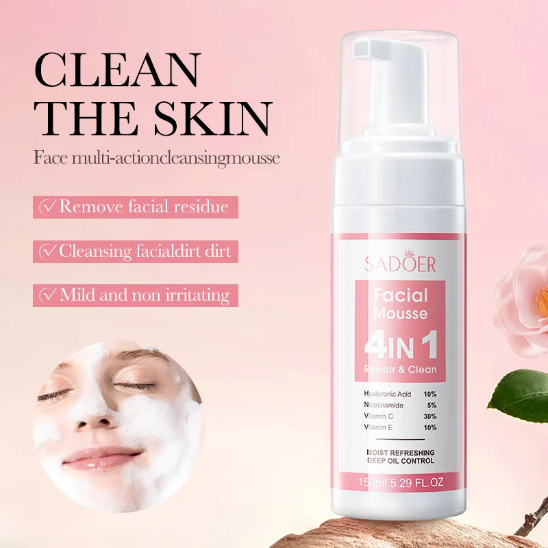 SADOER 4 in 1 Facial Mousse Face Wash Foam Facial Cleanser Moisturizing Brightening Hydrating Face Cleansing Skin Care Products