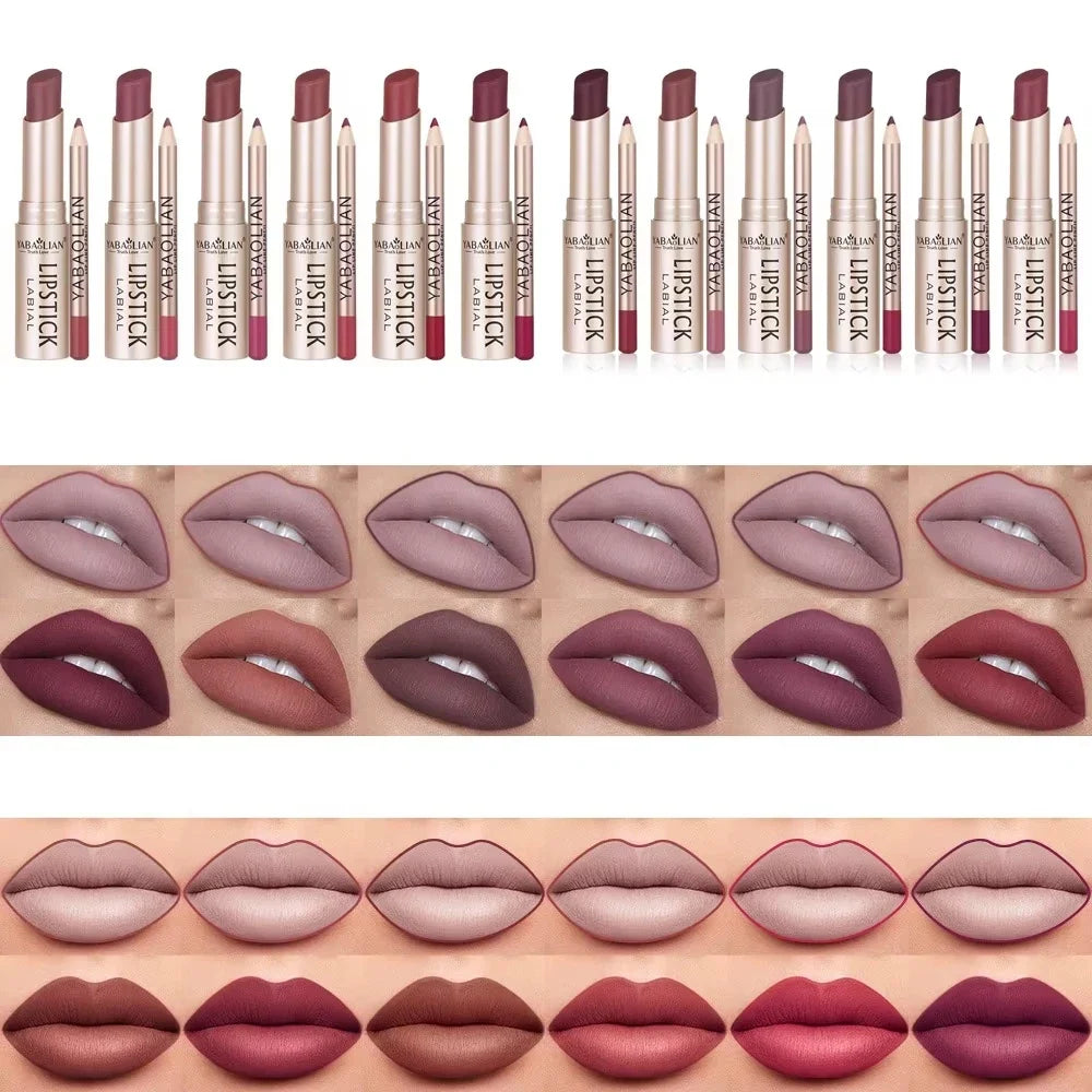 Professional 2PCS Lip Liner Lipstick Set Matte Finish High Pigment Long Lasting Waterproof Sweatproof Cosmetic Beauty Kit