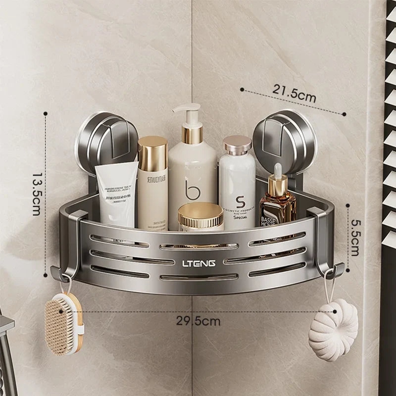 1-Pack Suction Cup Corner Shower Shelf - Stainless Steel, No-Drill, Anti-Rust, with Hooks for Bathroom Toiletries &amp; Shower Gel