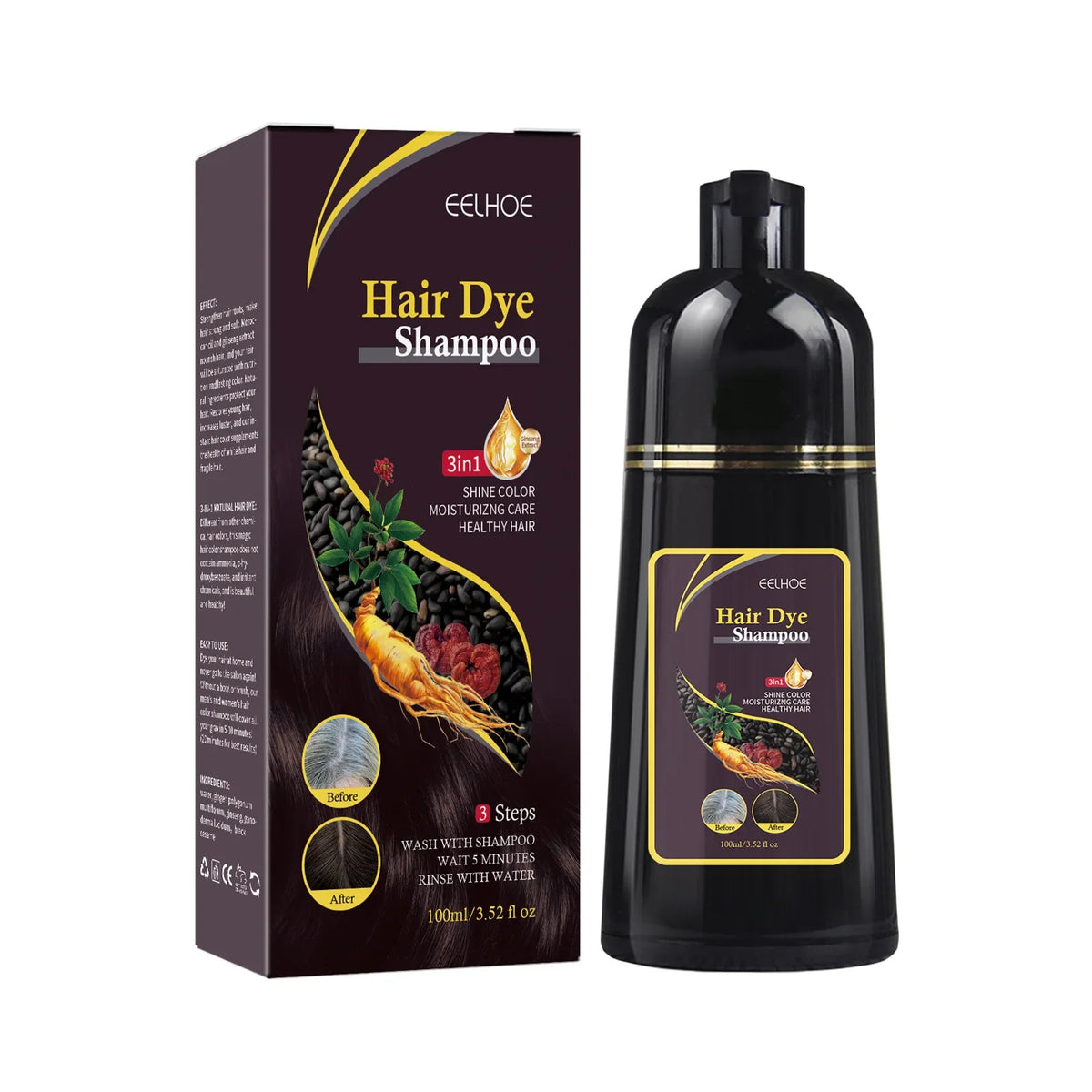 100ML Magic Natural Herbal Hair Dye Shampoo 3 in 1 Hair Color Shampoo for Gary Hair Dark Brown Black Women &amp; Men Grey Coverage