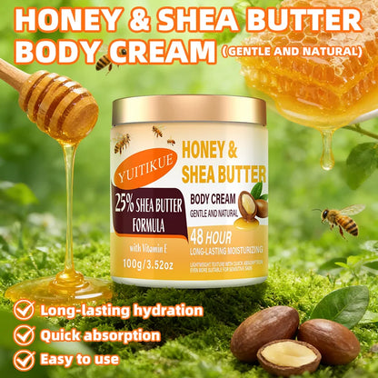 YUITIKUE 25% Shea Butter Body Cream 100g - 48H Moisturizer for Face, Body, Hands &amp; Feet, Honey &amp; Vitamin E, All-in-One Care