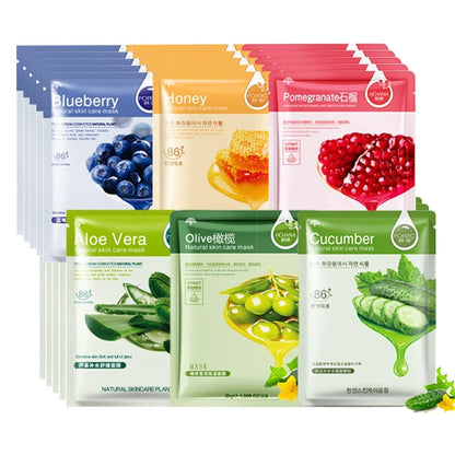 10pcs Natural Plant Facial Mask Moisturizing Oil Control Anti-Aging Fruit Aloe Korean Sheet Face Mask Beauty Skin Care Prodcuts