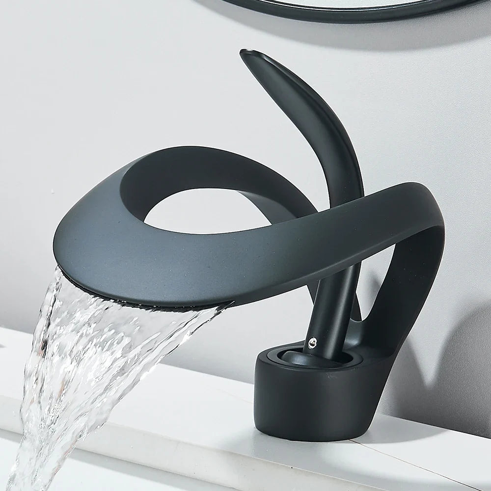 Solid Brass Waterfall Basin Faucet Single Handle Hot Cold Water Mixer Tap For Bathroom Sink